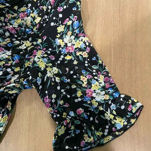 Melloday Black Pleated Floral Ruffle Neck Mini Shift Dress Size‎ Small NWT - Picture 3 of 5